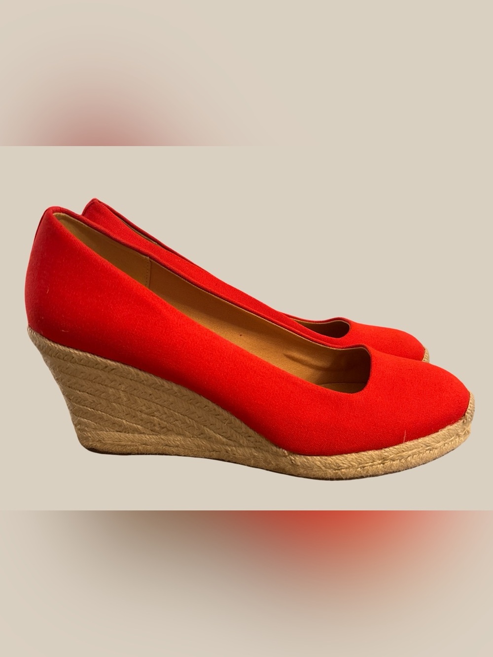 J. Crew Seville Red Canvas Espadrille Wedge Heels Closed Round Toe Flame SZ 9